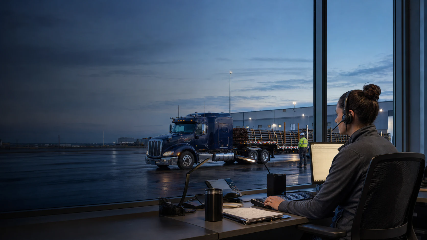 Freight dispatcher coordinating a secured open-deck load from the operations office