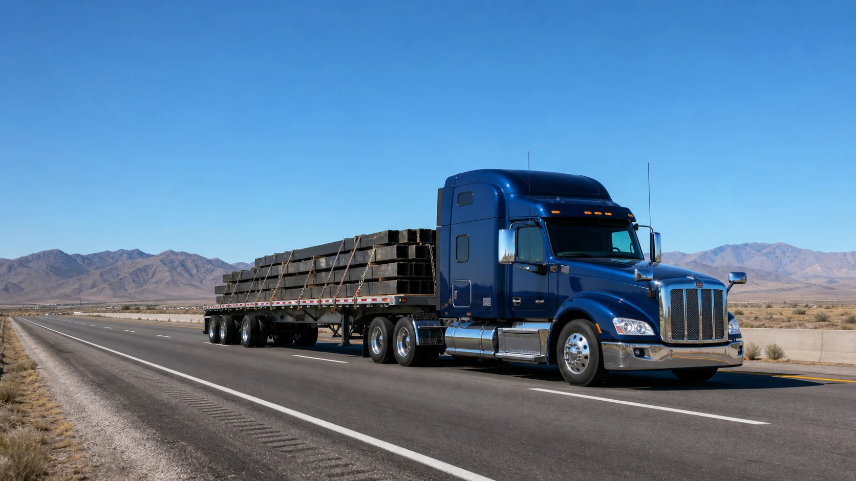 Blue tractor hauling secured structural steel on a flatbed trailer