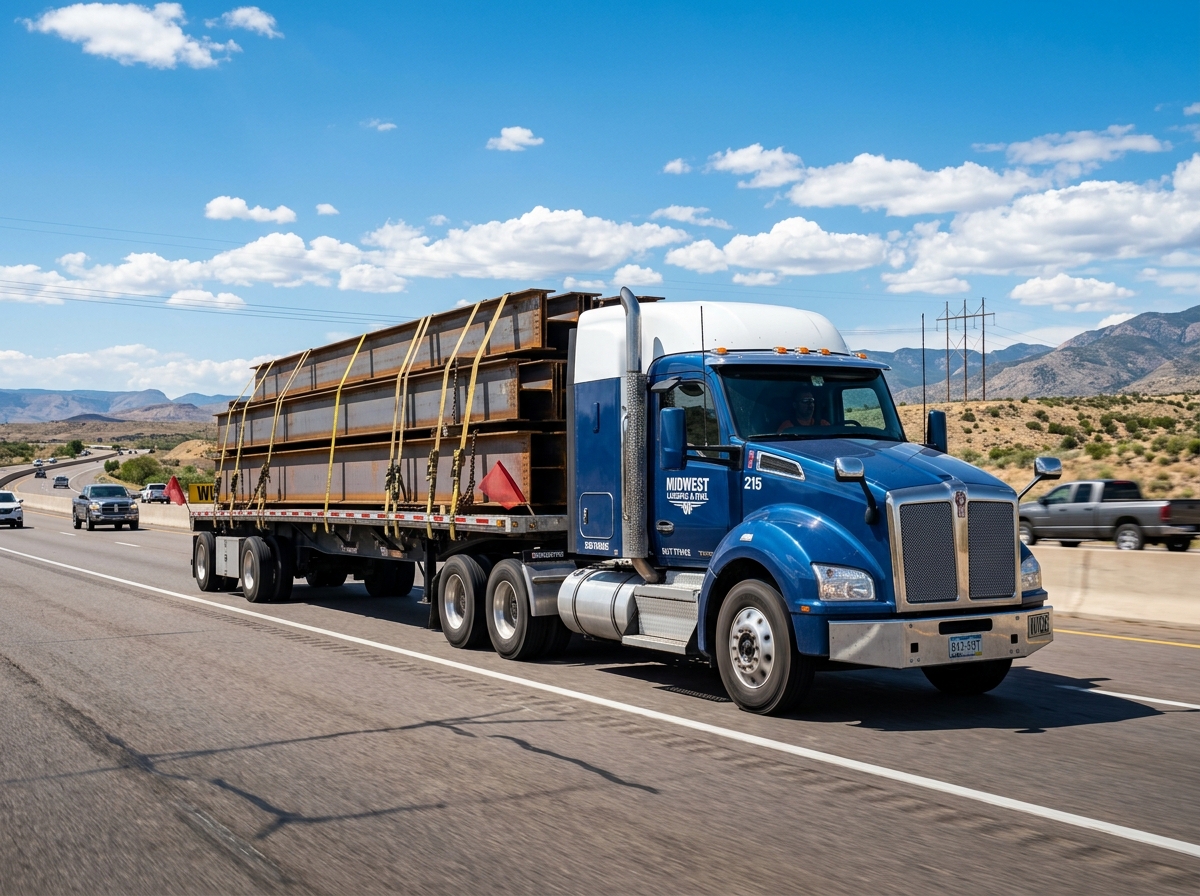 Flatbed truck hauling steel beams on an open highway