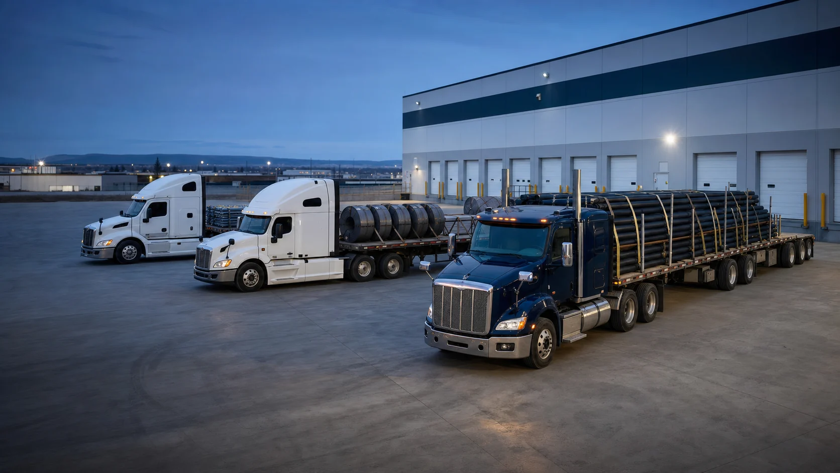 Open-deck trucks staged with secured freight in an industrial yard