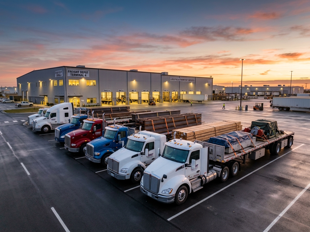 Multiple open deck trucks lined up at a freight terminal at dawn