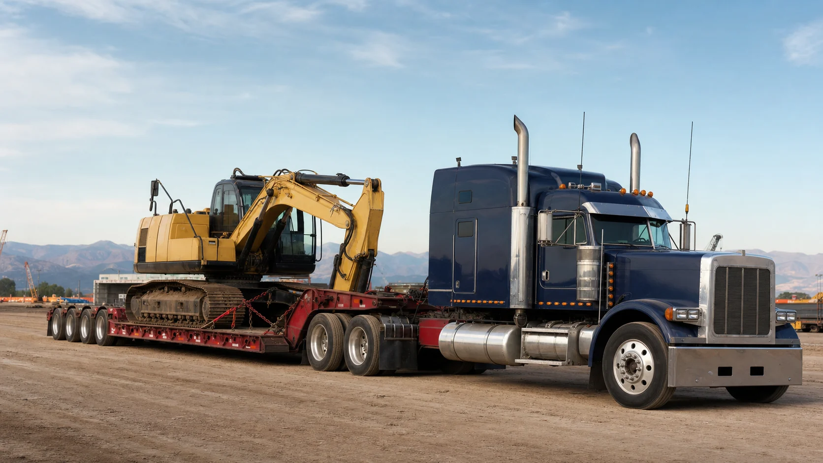 Step-deck trailer hauling an excavator at a construction site