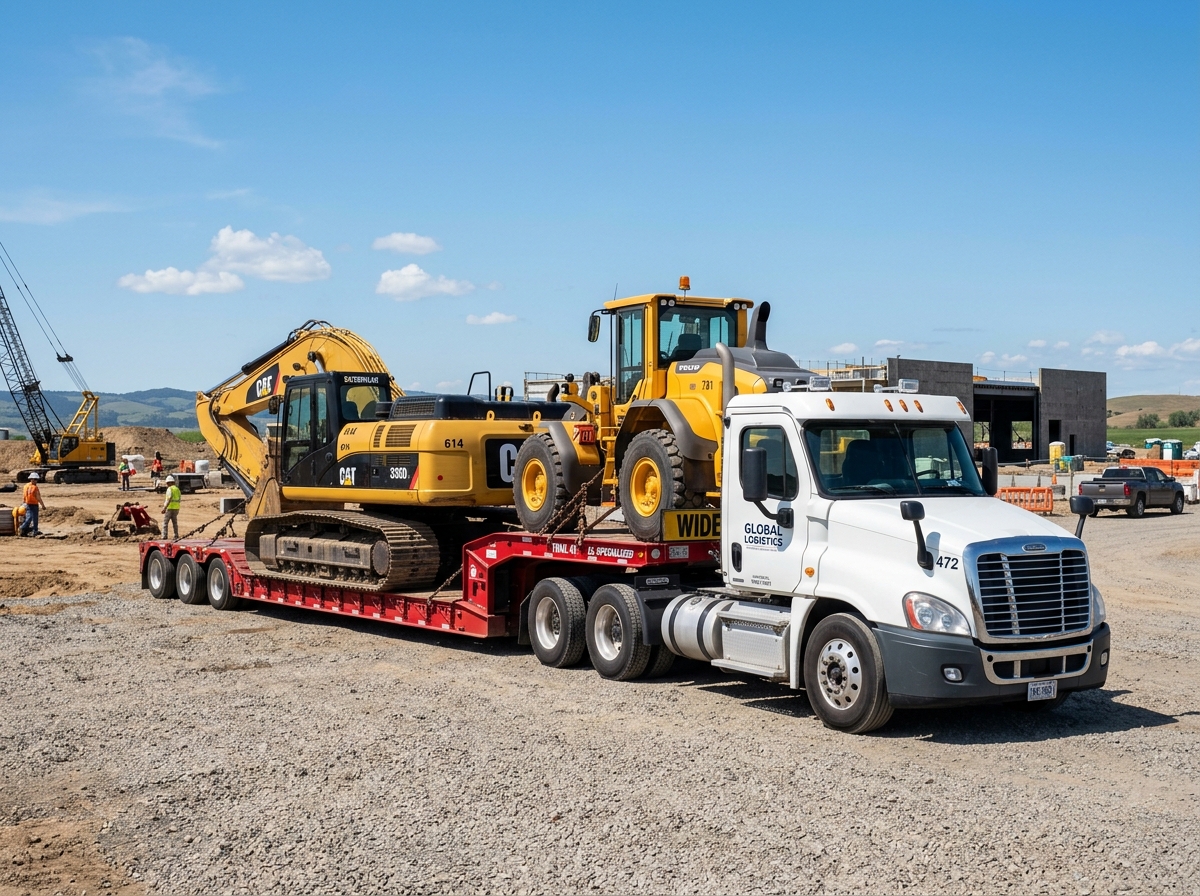 Step deck trailer loaded with construction equipment at a job site